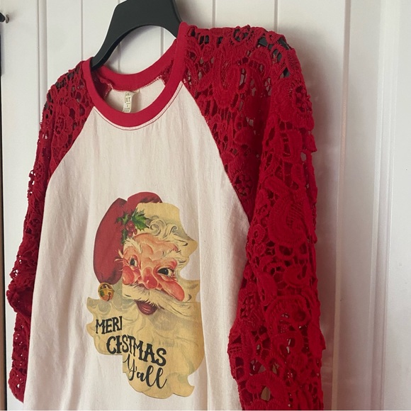 Luxor JLT women’s “Merry Christmas Y’all” raglan red lace sleeve tee - Picture 6 of 8